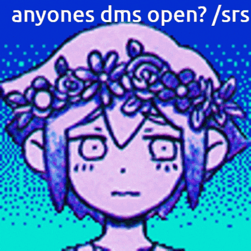 a pixel art drawing of a girl with a flower crown on her head and the words anyones dms open / srs