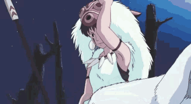 a woman is riding on the back of a white wolf .