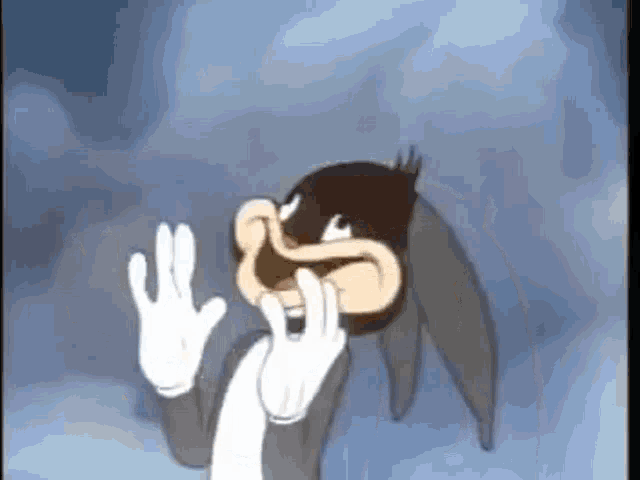 bugs bunny is wearing a mask and making a face with his hands .