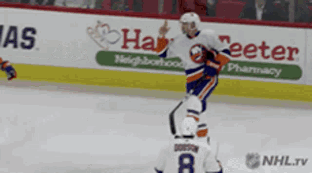 a hockey player with the number 8 on his jersey is standing on the ice
