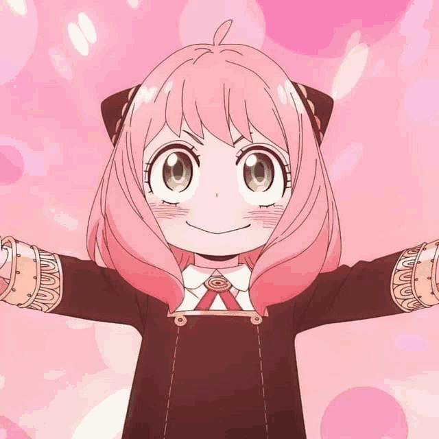 a girl with pink hair and green eyes is smiling
