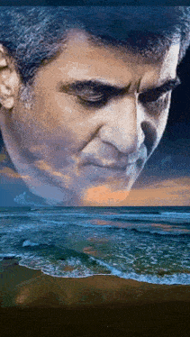 a painting of a man 's face overlooking the ocean