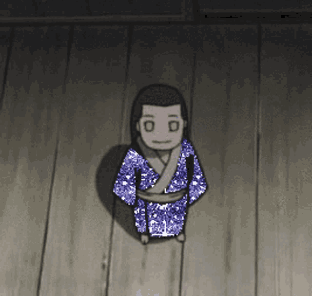 a cartoon character in a blue kimono is standing on a wood floor
