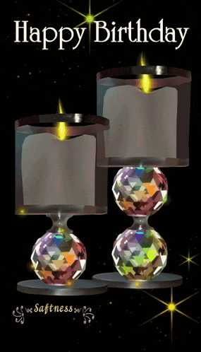 a happy birthday card with two candles and crystals