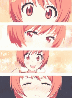 a girl with short red hair has many different expressions