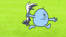 a cartoon character is running with a skunk in his hand ..