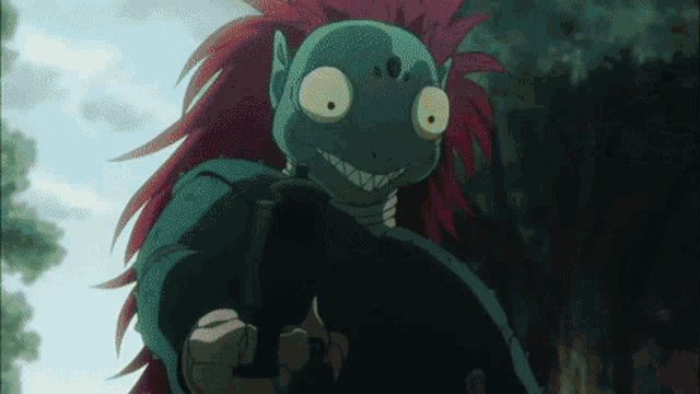 a cartoon character with red hair and big eyes is holding a gun
