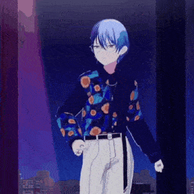 a 3d anime character is standing in front of a window wearing a blue shirt and white pants .