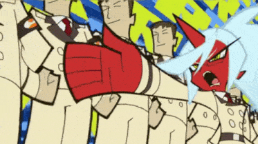 a group of cartoon characters are standing in a line and one of them is wearing a red skirt