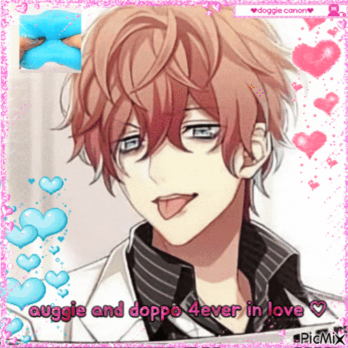 a picture of a man with his tongue hanging out and the words " ougie and doppo 4 ever in love "