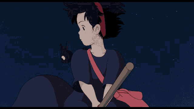 a girl is sitting on a broom with a black cat behind her