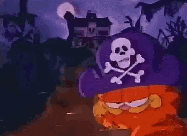 garfield is wearing a pirate hat with a skull on it .