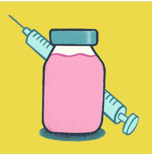 a cartoon drawing of a pink bottle and a syringe on a yellow background