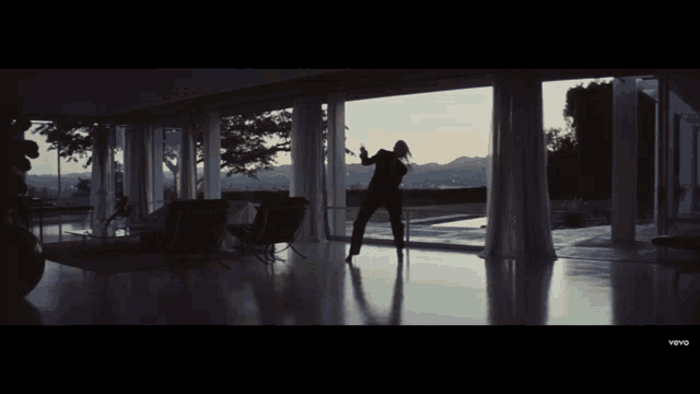 a silhouette of a woman dancing in front of a window with the word vevo on the bottom
