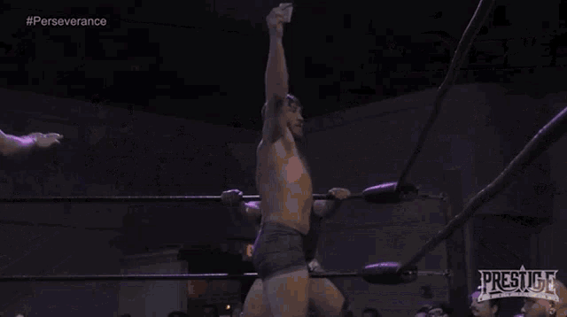 two men are wrestling in a ring with a prestige logo in the background