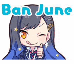a cartoon girl is giving a thumbs up and the words `` ban june '' behind her .