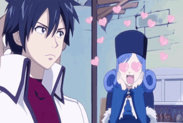 a boy and a girl are looking at each other with pink hearts in their eyes