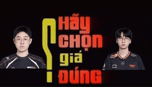 two young men are standing next to each other in front of a sign that says hay chon gia