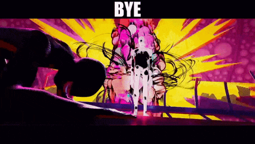 a cartoon of a woman kneeling in front of a skull with the words bye written on it .