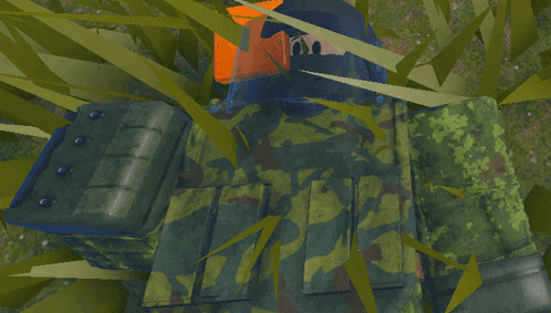 a cartoon character in a camouflage uniform is standing in the grass