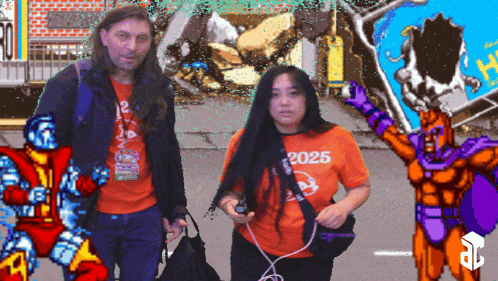 a woman wearing an orange shirt that says 2025 stands next to a man in an orange shirt