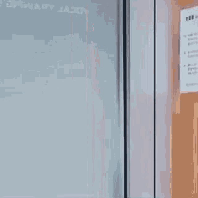 a man is standing in front of a glass door in a room .