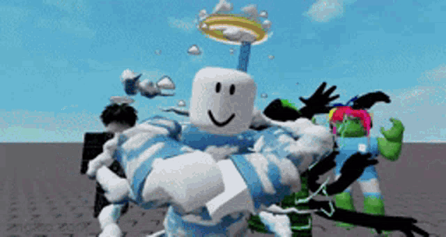 a group of roblox characters are posing for a picture and one of them has a halo on his head