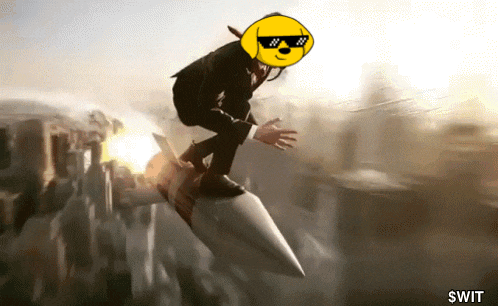 a man in a suit is riding a rocket with a dog on his head
