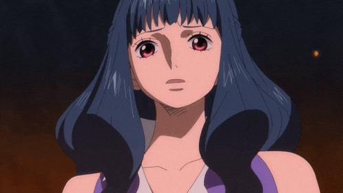 a girl with blue hair and red eyes is looking down