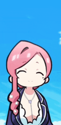 a cartoon girl with pink hair and a necklace is smiling