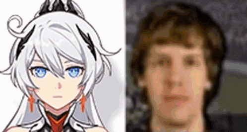 a drawing of a girl with white hair and blue eyes next to a picture of a man with brown hair and blue eyes .