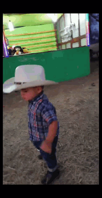 a young boy wearing a cowboy hat and plaid shirt is dancing