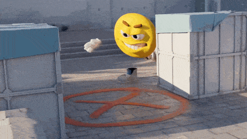 a cartoon smiley face is holding a gun and a no shoes sign