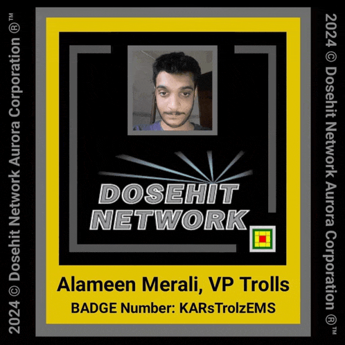 a badge for dosehit network shows a picture of a man