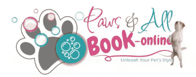 a logo for paws & all book-online shows a dog