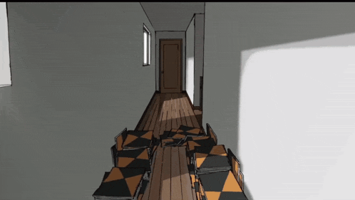 a cartoon drawing of a hallway with a door and chairs