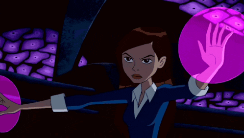 a cartoon character is standing in a dark room with purple lights