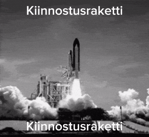 a black and white photo of a rocket being launched with the words kiinnostusraketti written on the bottom