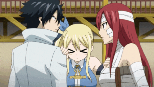 a couple of anime characters standing next to each other with one girl making a funny face