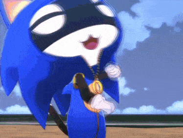 a cartoon of sonic the hedgehog wearing a mask and a necklace