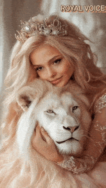 a woman with a crown on her head holds a white lion in her arms