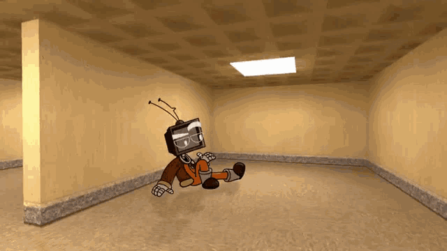 a cartoon character with a television head is sitting on the floor