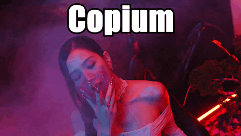 a woman with long nails and the word copium on the top