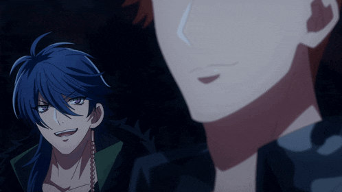 a man with long blue hair looks at another man with red hair