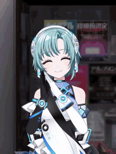 a girl in a futuristic outfit is smiling in front of a sign that says ' a '