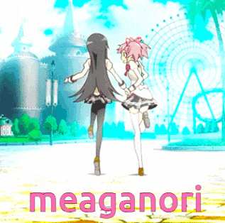two anime girls are dancing in front of a ferris wheel and the word meaganori is on the bottom