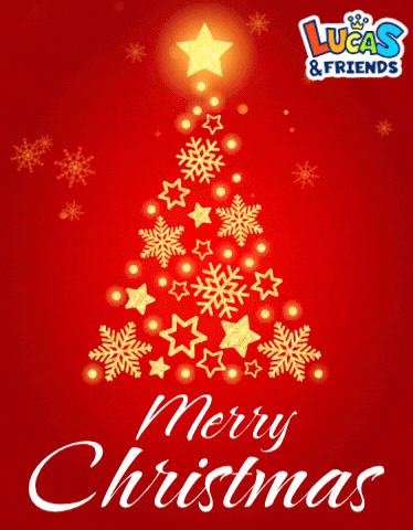 a lucas & friends christmas card with a christmas tree made of stars and snowflakes