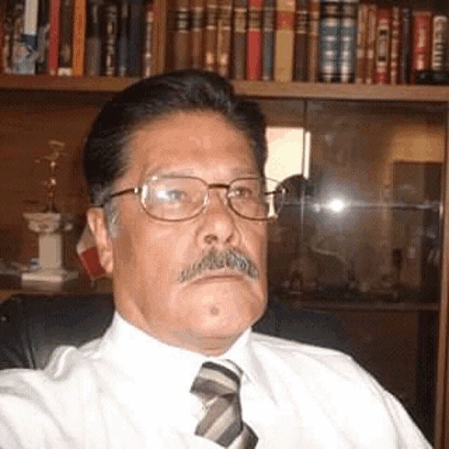 a man wearing glasses and a tie is sitting in front of a bookshelf