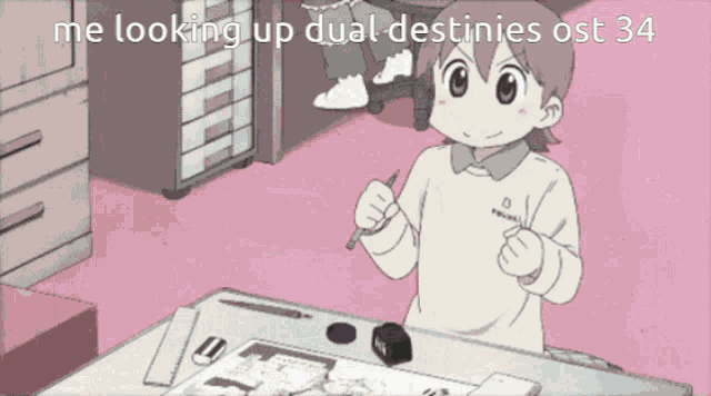 a close up of a person 's face with the words " me looking up dual destinies ost 34 " on the bottom