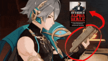 a man holding a gun next to a book called how to become an alpha male